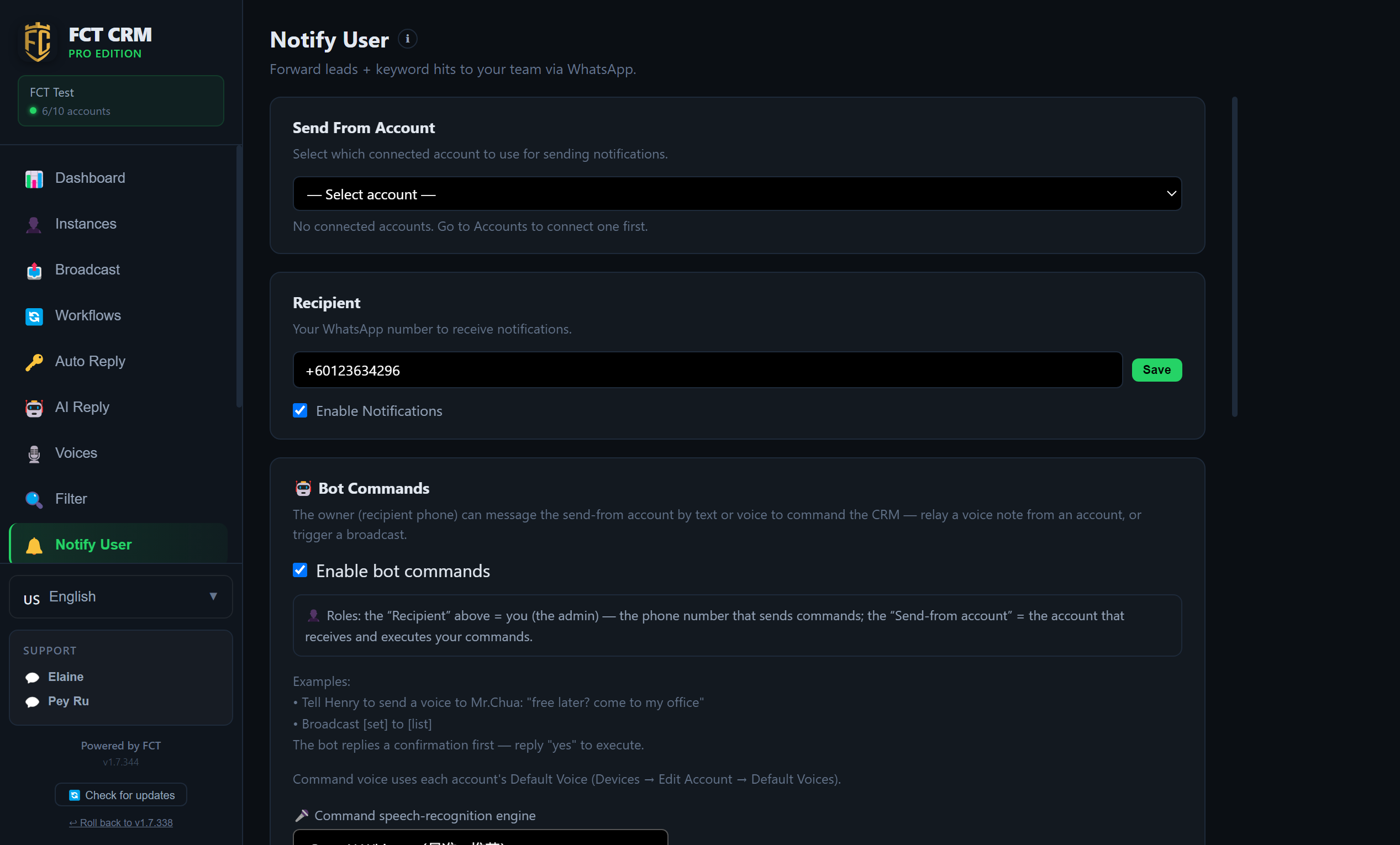 Notify User settings