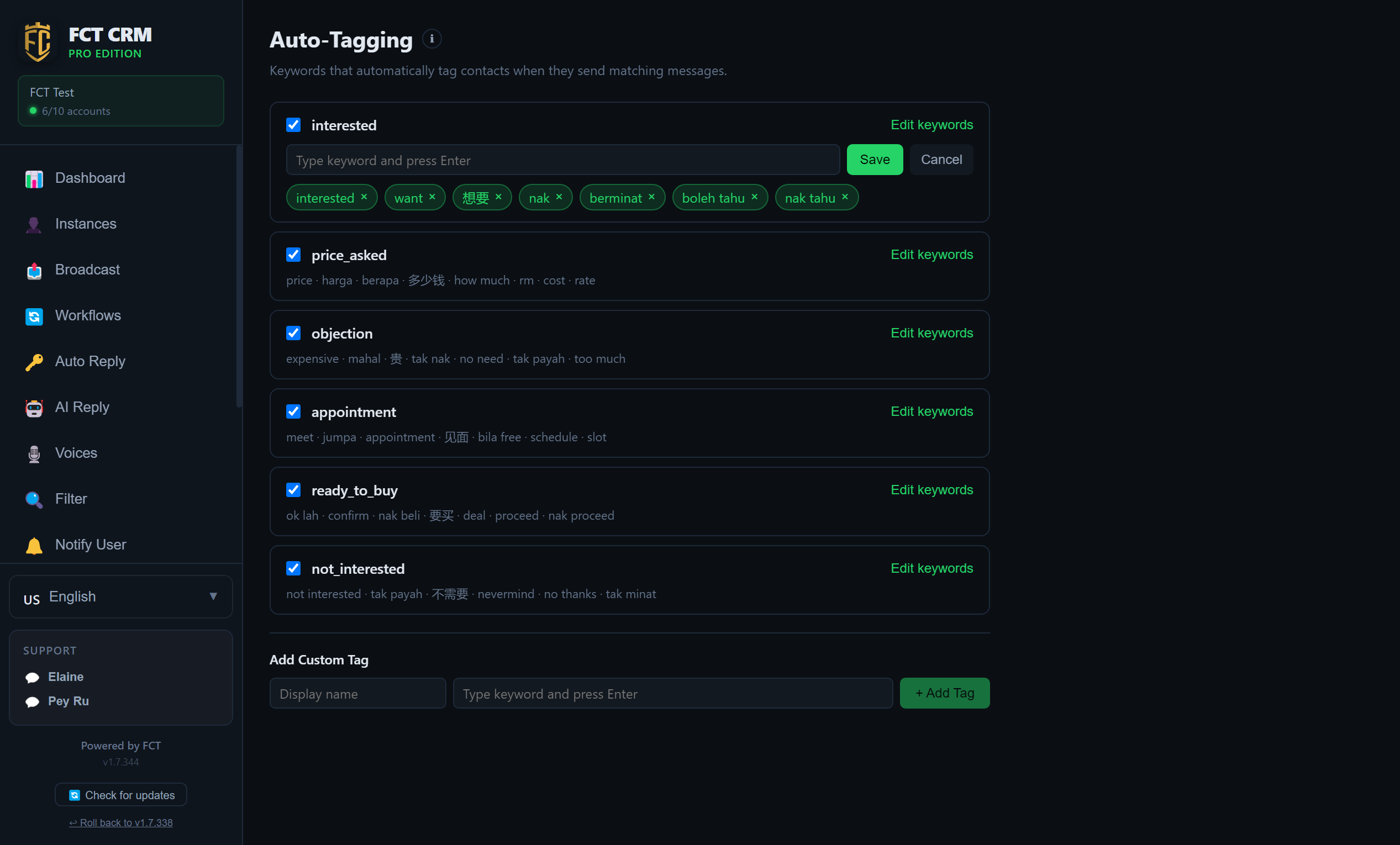 Edit a tag's keywords