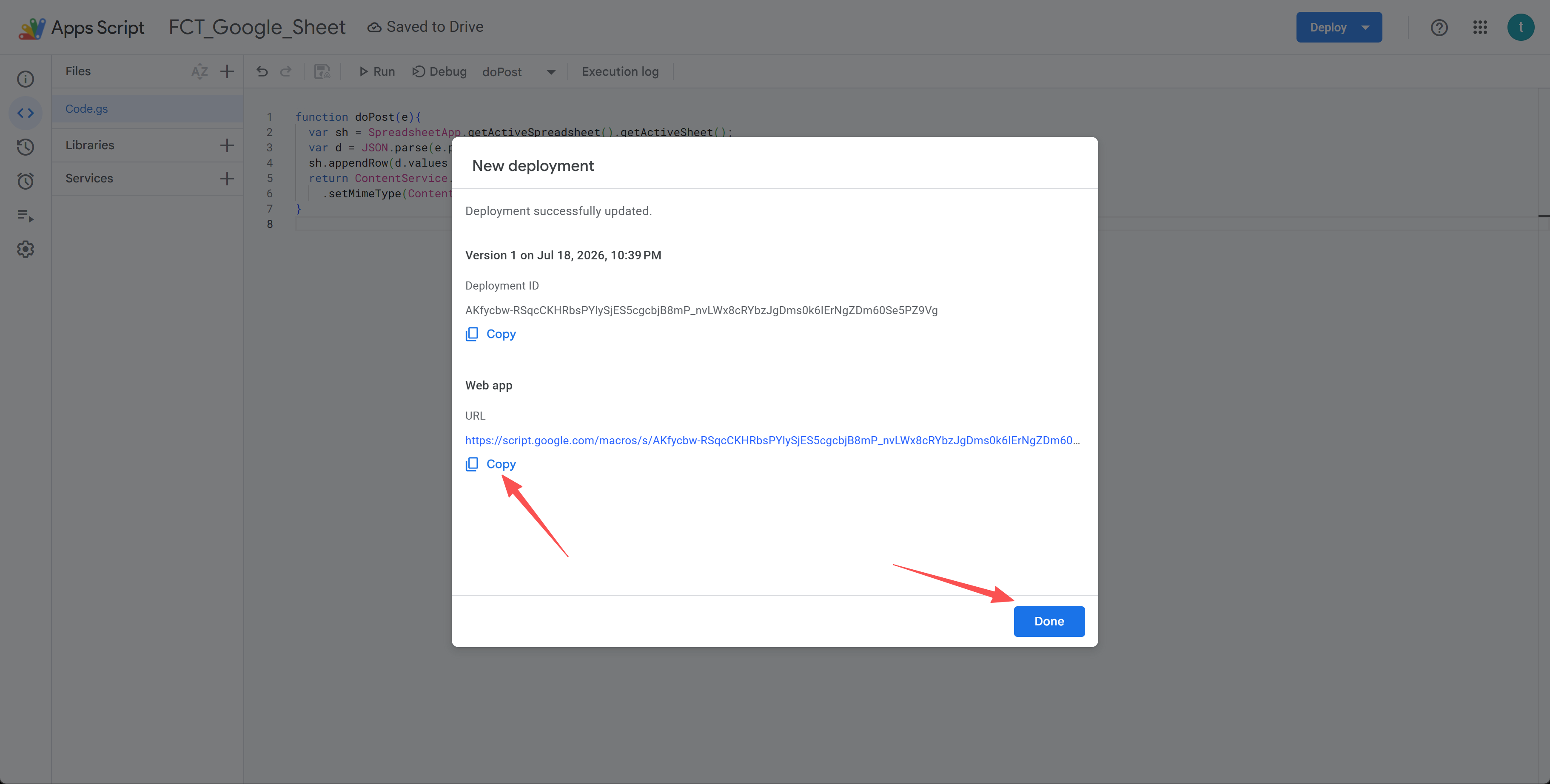 Copy the Web app URL