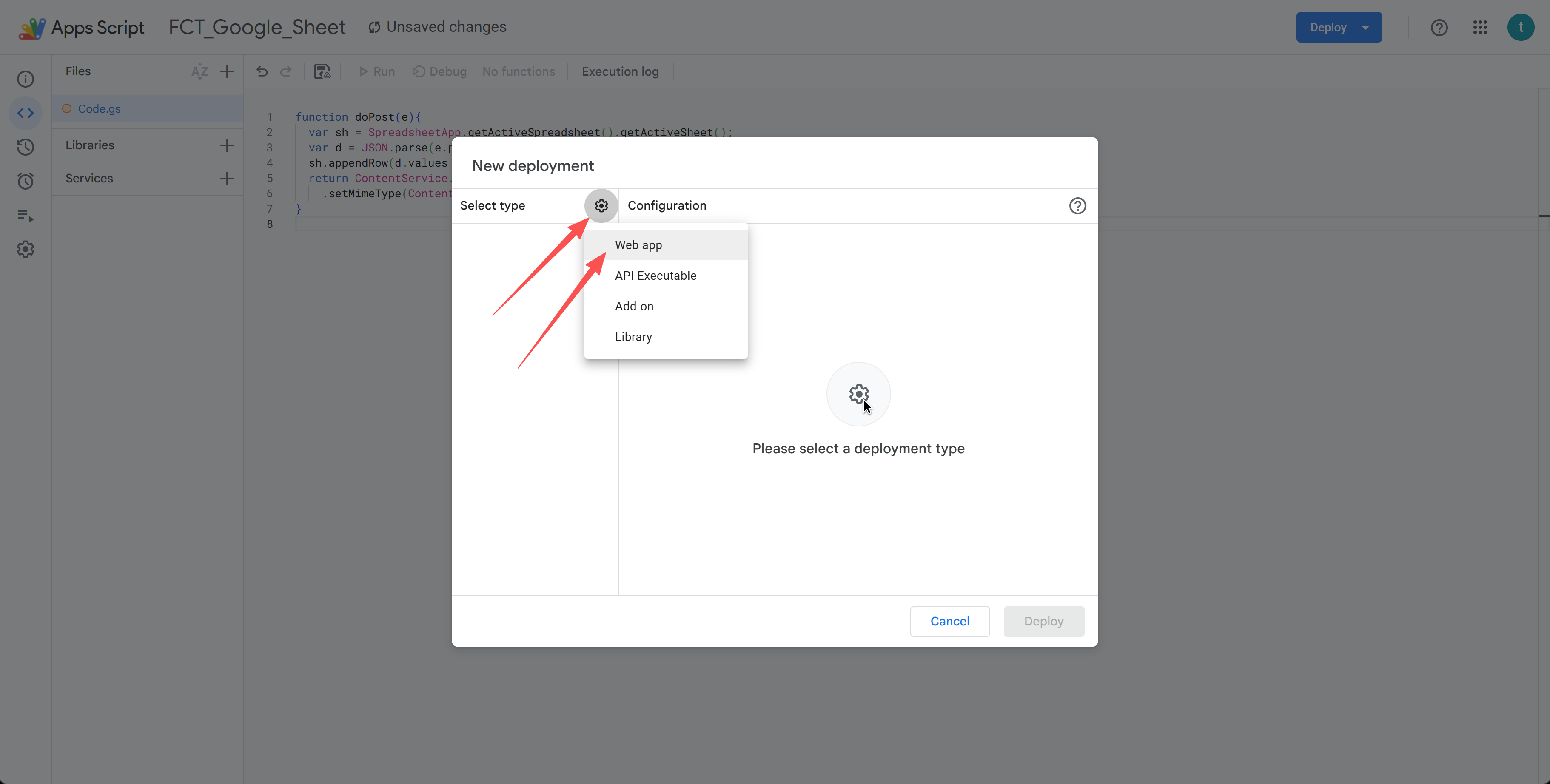 Select type → Web app